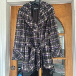 Worth wool blend brown and purple shawl collar plaid coat size large